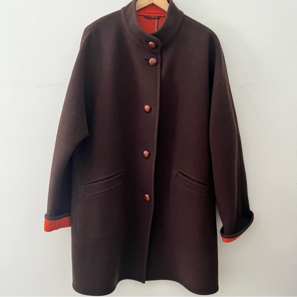 Rare Vtg Schneider Salzburg Brown Wool Coat Orange Lining Size 16 Leather Button